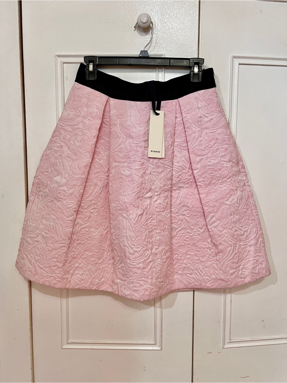 Pinko Pink Textured A-Line Skirt with Black Waistband - Pink